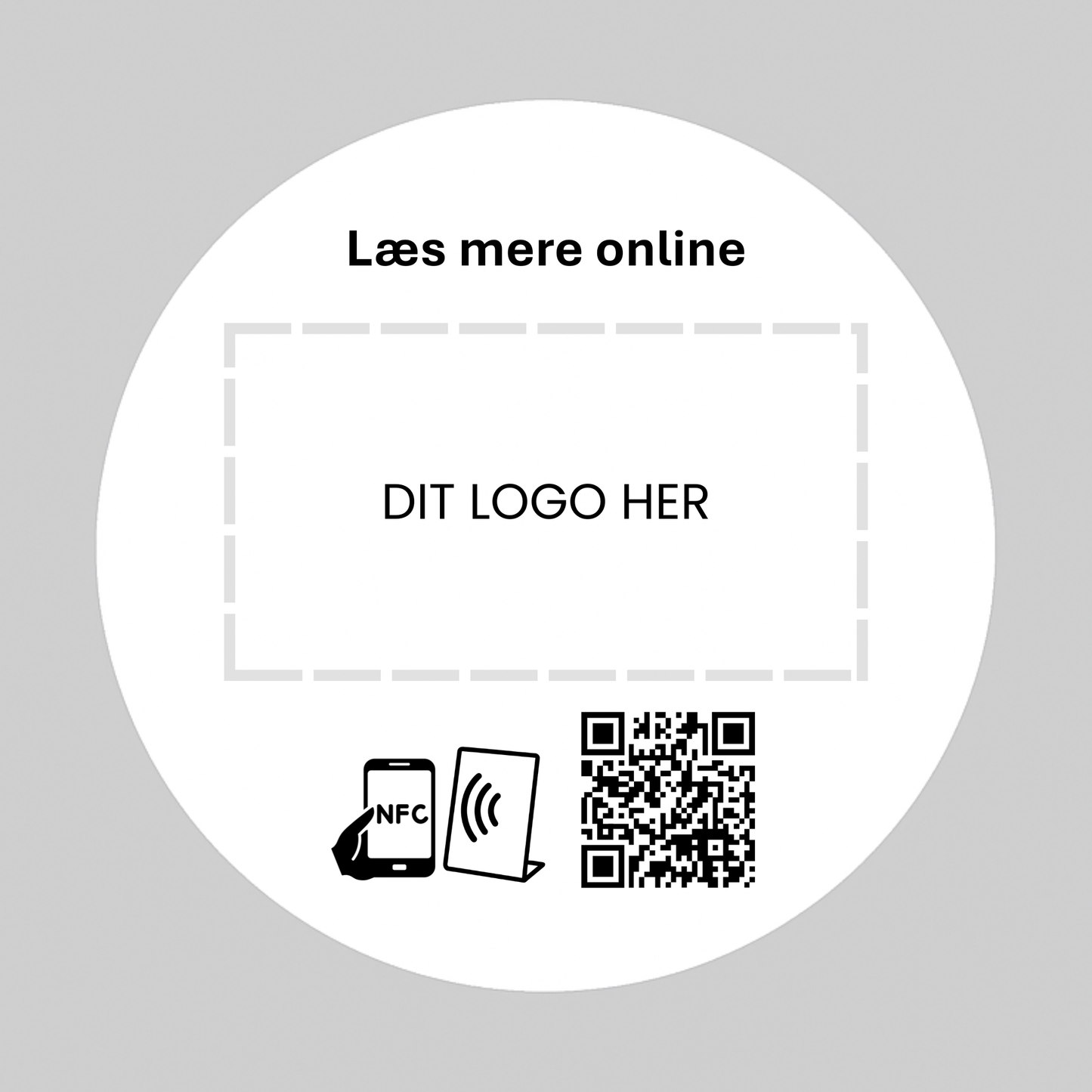 Besøg vores hjemmeside rund selvklæbende pad med NFC og QR kode og dit logo