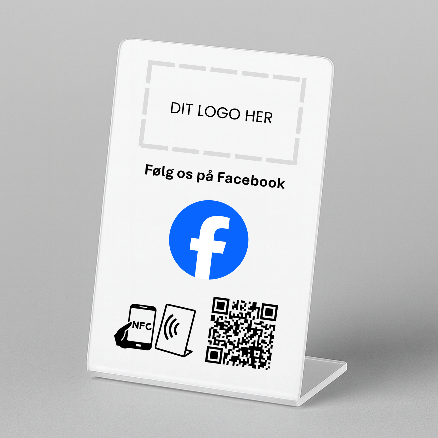Bordstander til Facebook med NFC og QR kode – fås med eget logo for et professionelt og personligt udtryk.