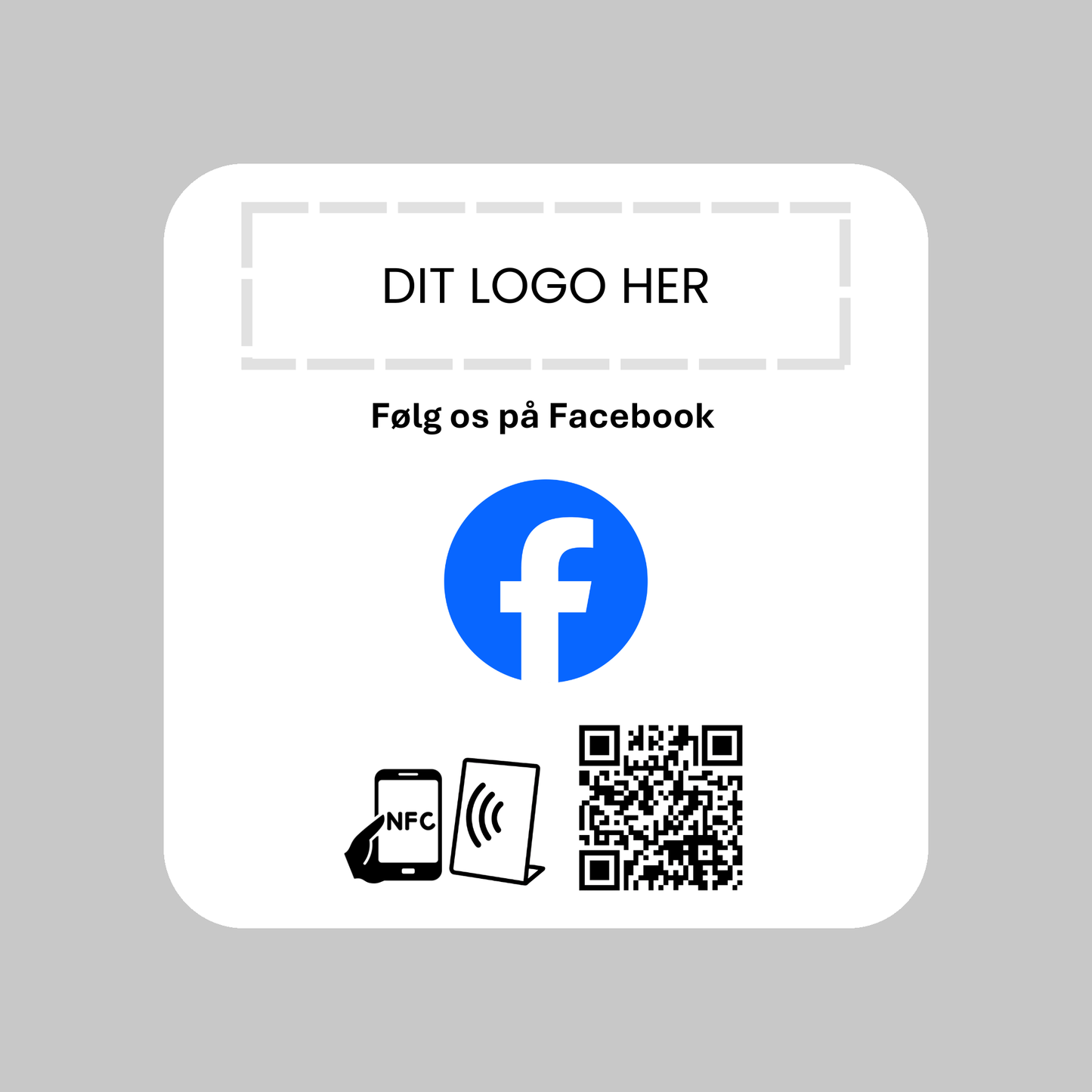 Selvklæbende pad til Facebook med NFC og QR kode – fås med eget logo for et professionelt og personligt udtryk.