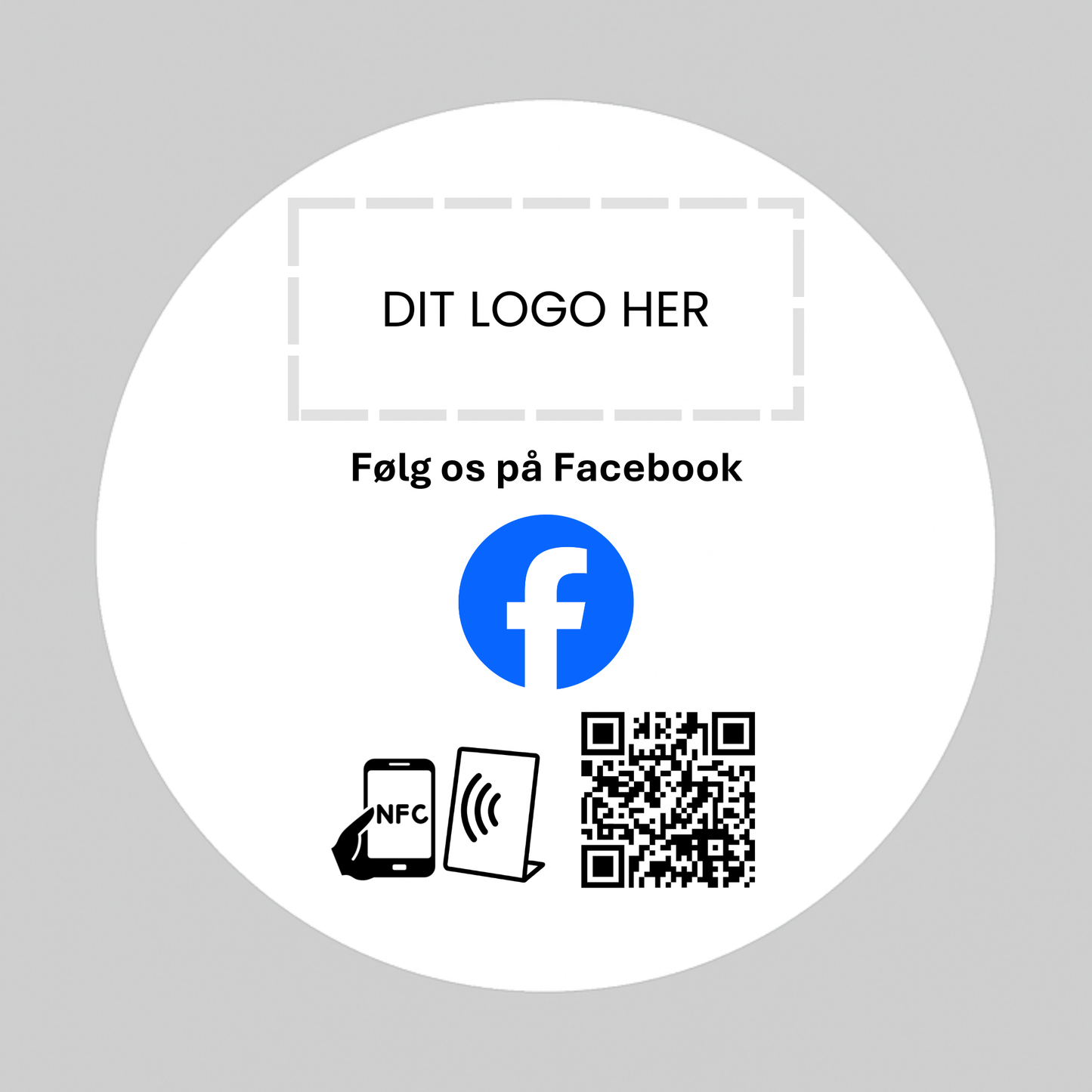 Rund selvklæbende pad til Facebook med NFC og QR kode – fås med eget logo for et professionelt og personligt udtryk.