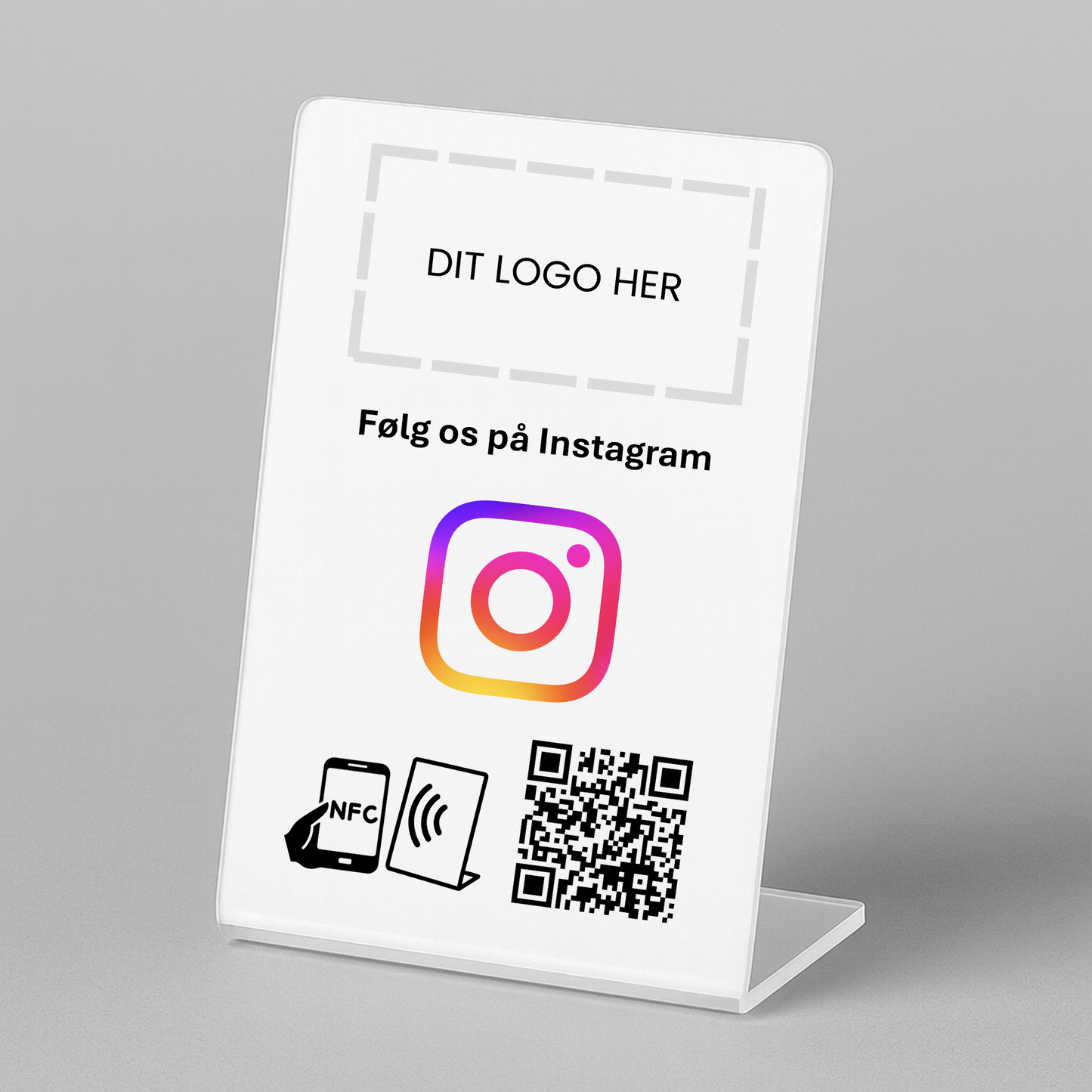 Bordstander til Instagram med NFC og QR kode – fås med eget logo for et professionelt og personligt udtryk.