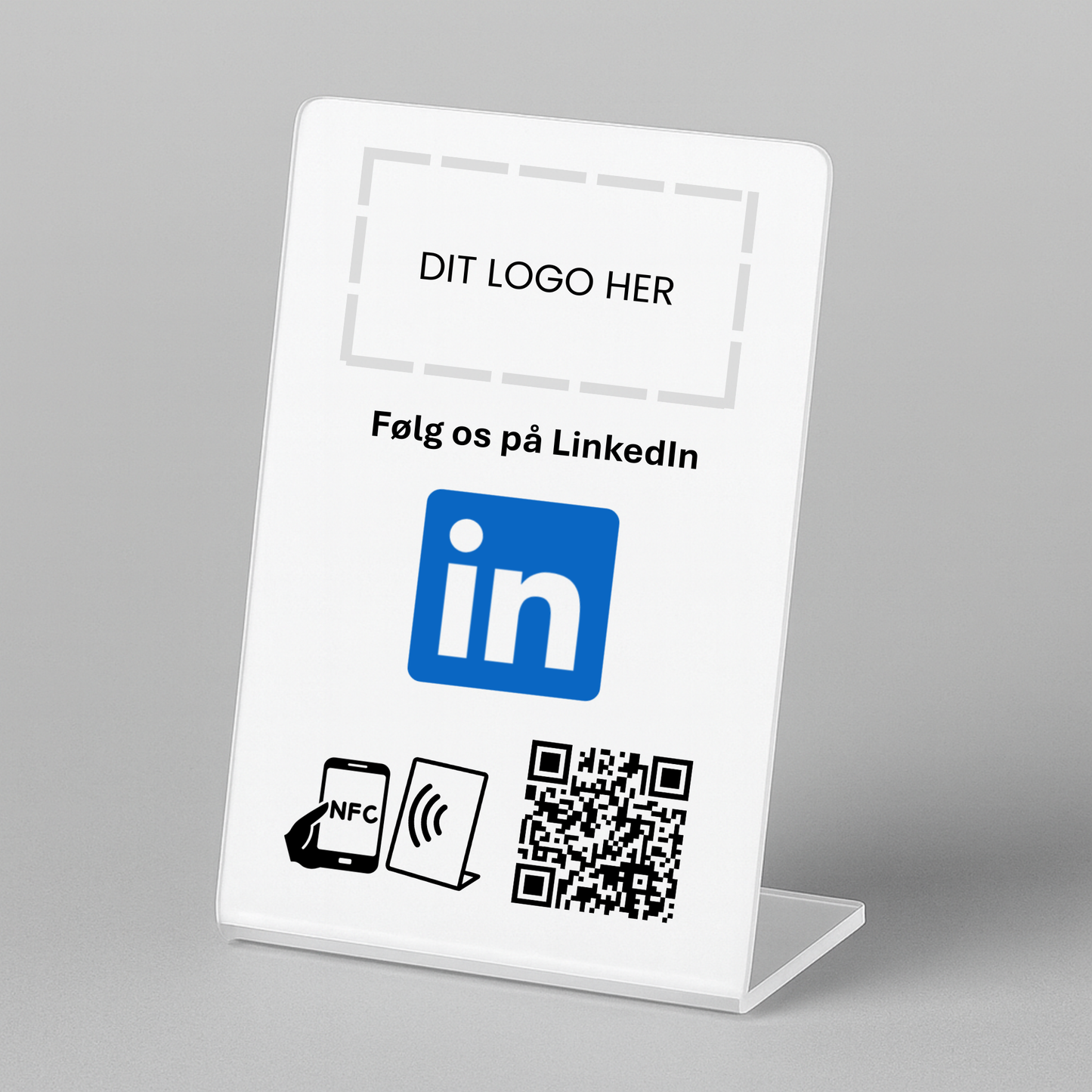 Bordstander til LinkedIn med NFC og QR kode – fås med eget logo for et professionelt og personligt udtryk.