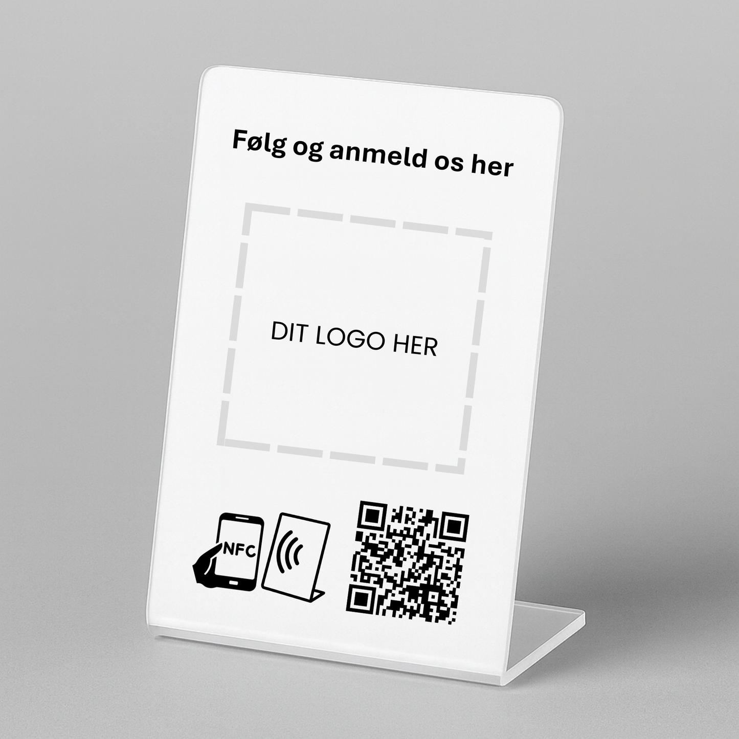 Bordstander til MultiLink med NFC og QR kode – fås med eget logo for et professionelt og personligt udtryk.