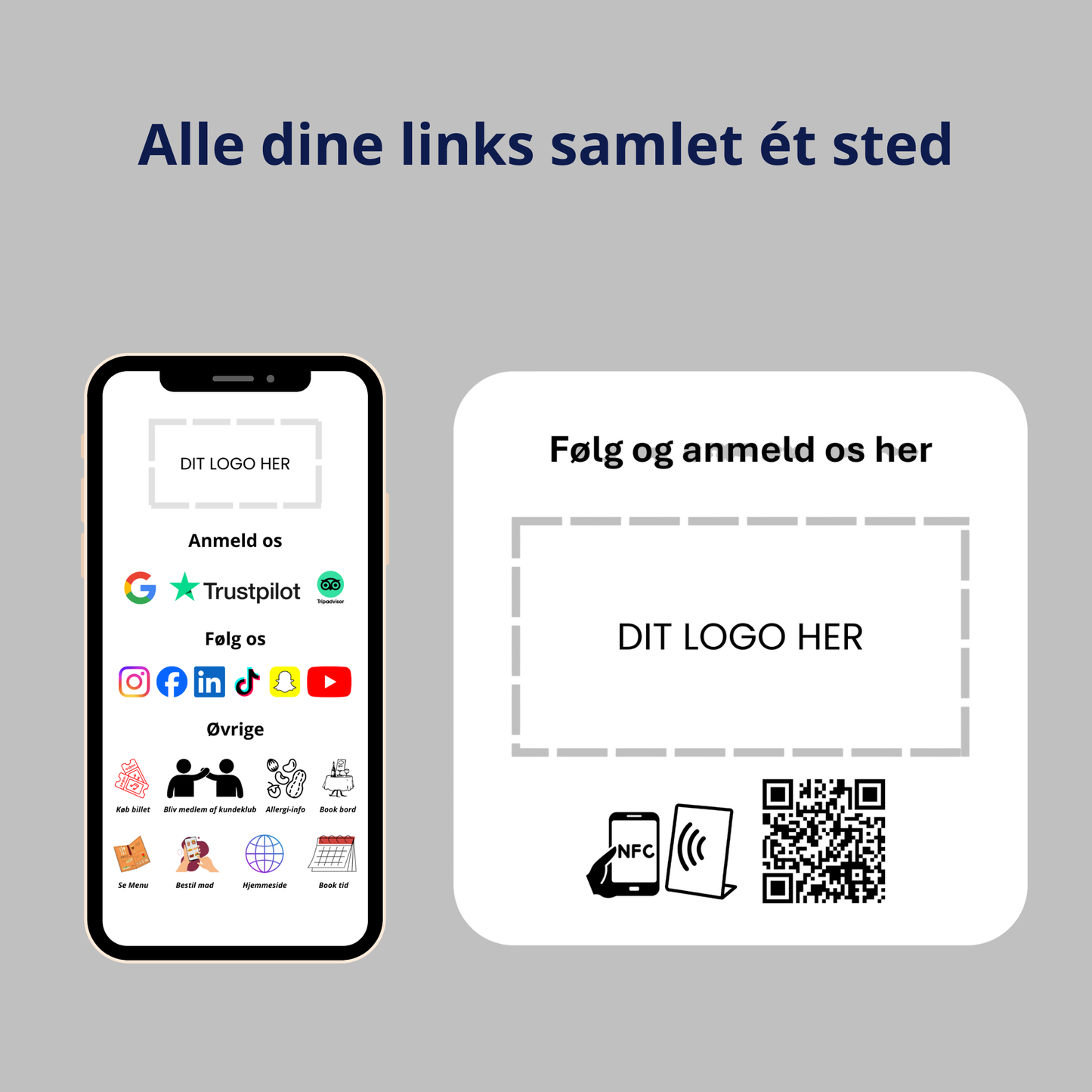 Selvklæbende Pad med butikkens logo til MultiLink med NFC og QR kode. En telefon der viser siden med samling af links.