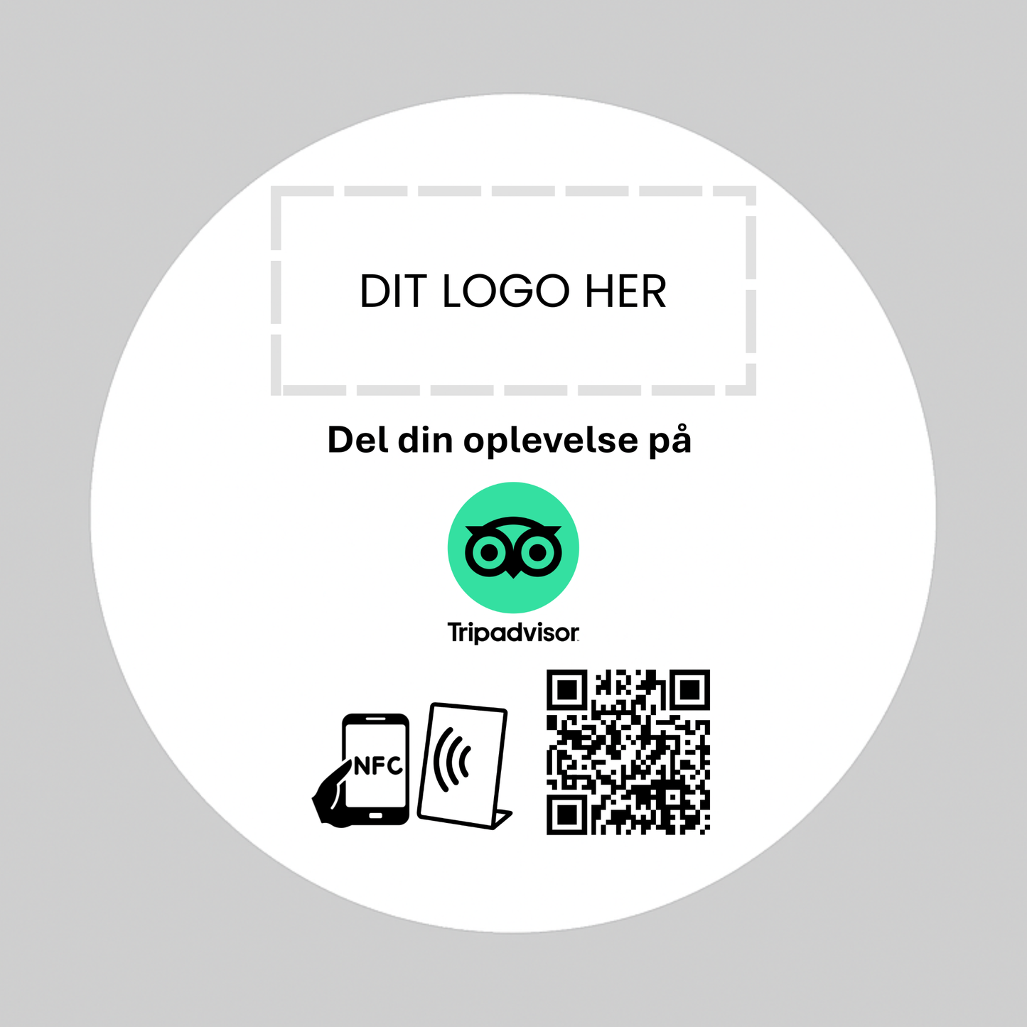 Rund selvklæbende Pad til Tripadvisor med NFC og QR kode – fås med eget logo for et professionelt og personligt udtryk.