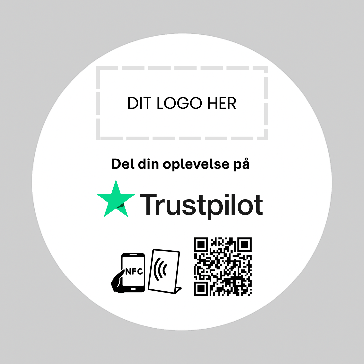 Rund Selvklæbende Pad til Trustpilot med NFC og QR kode – fås med eget logo for et professionelt og personligt udtryk.