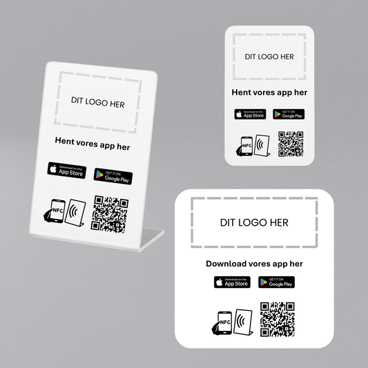 Pakke til Download App med NFC og QR kode – fås med eget logo for et professionelt og personligt udtryk.