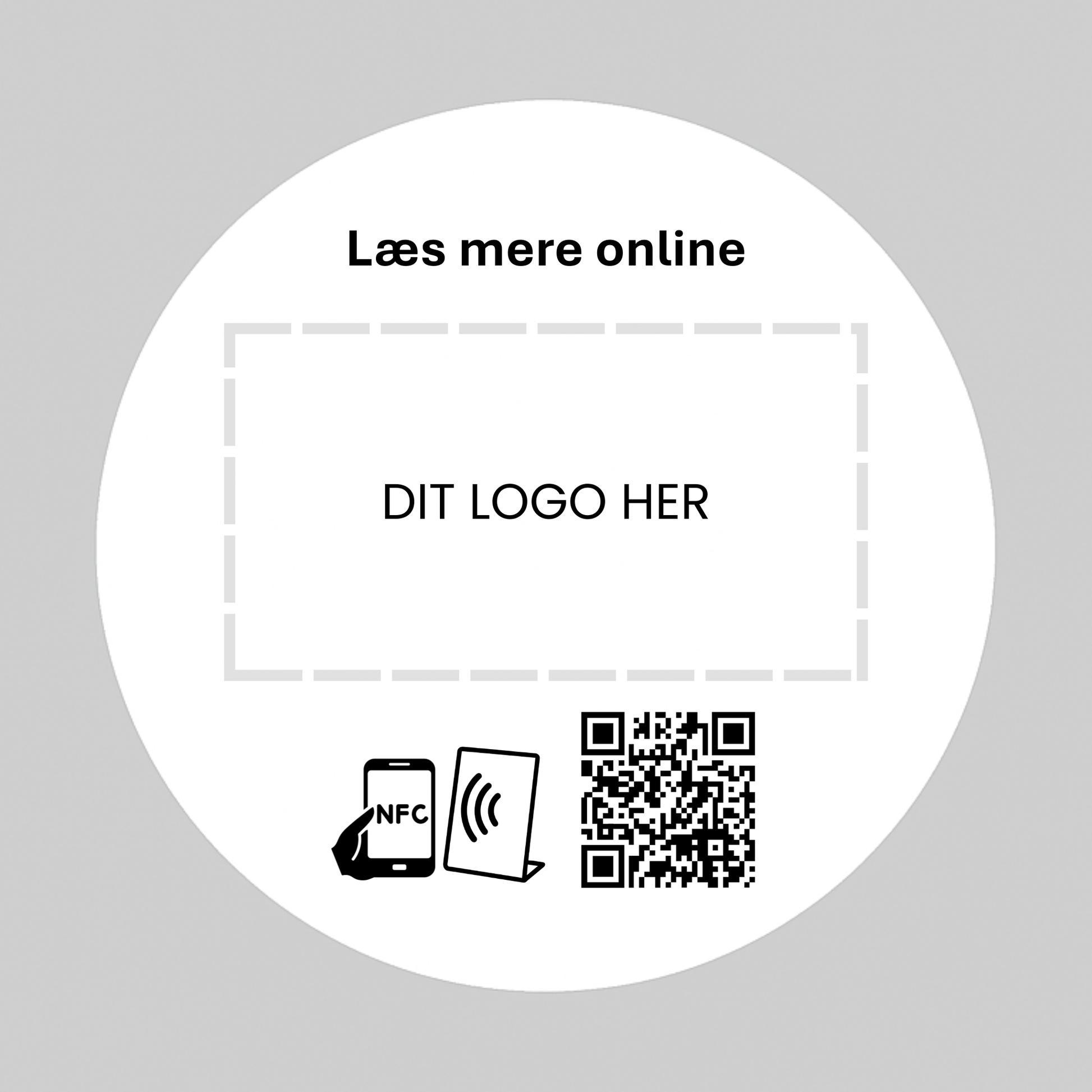 Besøg vores hjemmeside rund selvklæbende pad med NFC og QR kode og dit logo