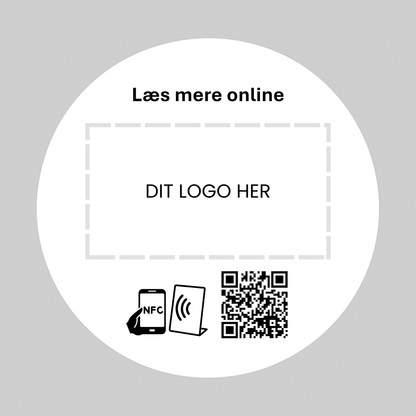 Besøg vores hjemmeside rund selvklæbende pad med NFC og QR kode og dit logo