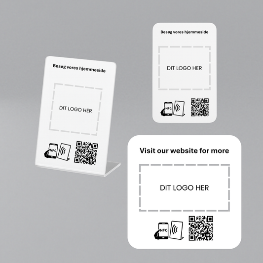 Besøg vores hjemmeside produkter - komplet pakke med NFC, QR kode og din forretnings logo
