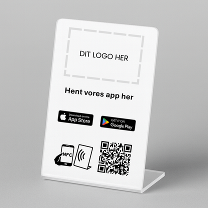 Bordstander til Download App med NFC og QR kode – fås med eget logo for et professionelt og personligt udtryk.