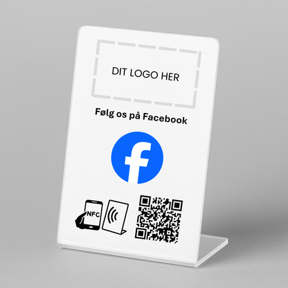 Bordstander til Facebook med NFC og QR kode – fås med eget logo for et professionelt og personligt udtryk.