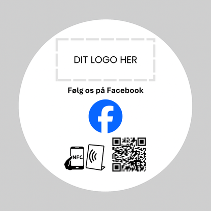Rund selvklæbende pad til Facebook med NFC og QR kode – fås med eget logo for et professionelt og personligt udtryk.
