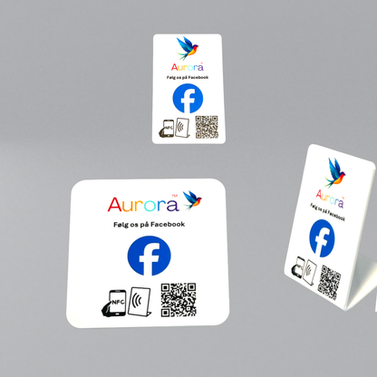 Pakke med NFC Bordstander, selvklæbende pad og kort med QR kode og dit logo til Facebook følgere 