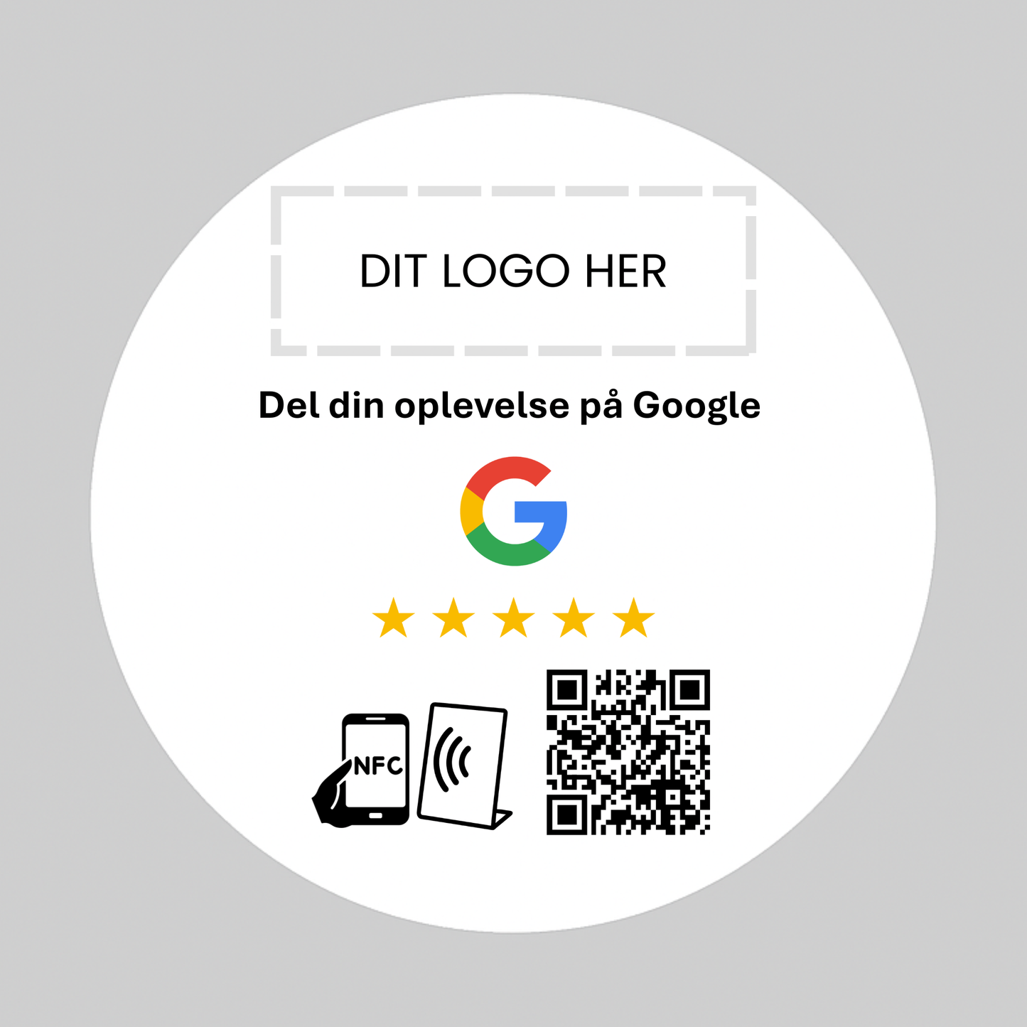 Rund selvklæbende Pad til Google med NFC og QR kode – fås med eget logo for et professionelt og personligt udtryk.