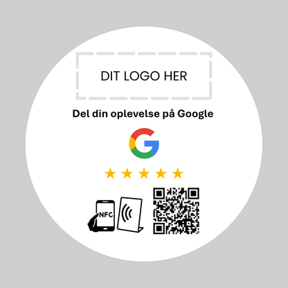 Rund selvklæbende Pad til Google med NFC og QR kode – fås med eget logo for et professionelt og personligt udtryk.
