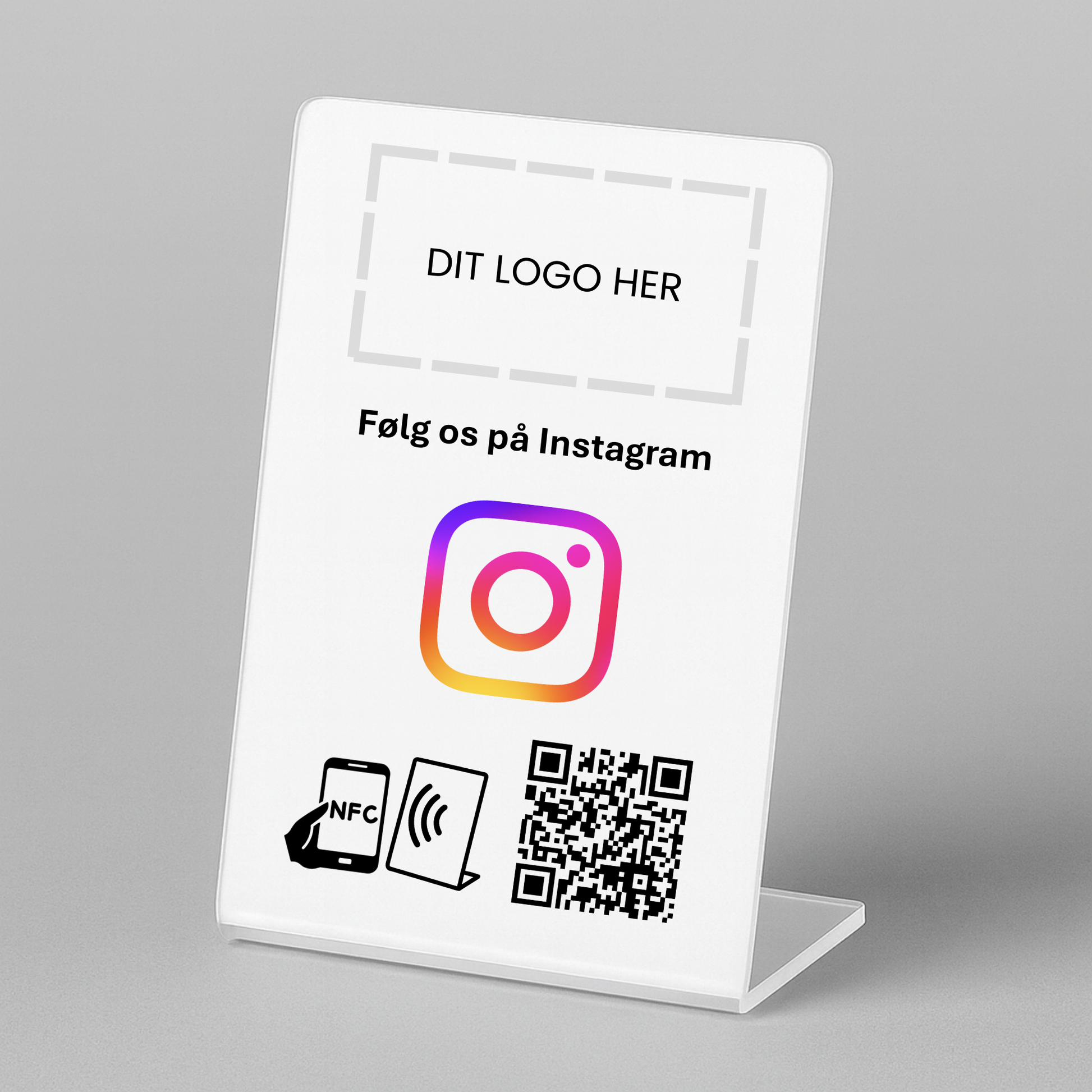 Bordstander til Instagram med NFC og QR kode – fås med eget logo for et professionelt og personligt udtryk.