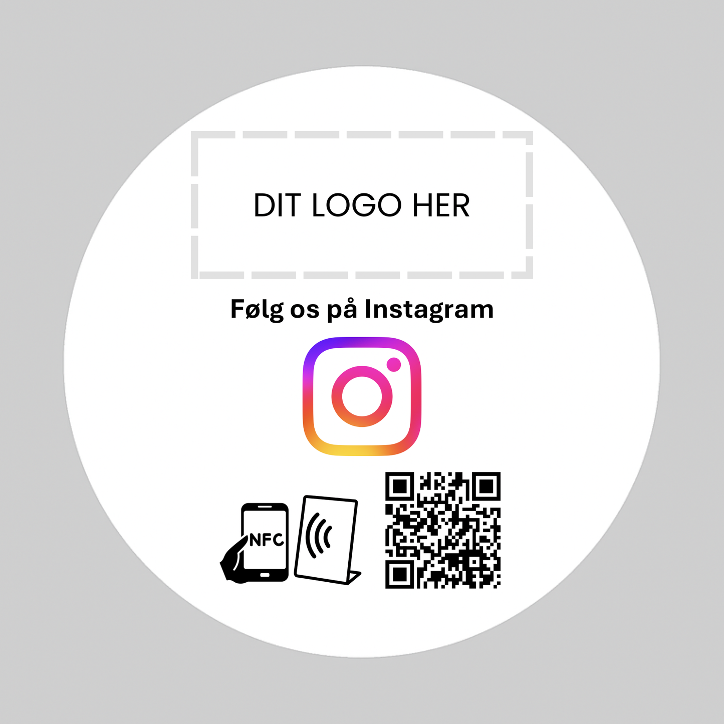 Rund selvklæbende Pad til Instagram med NFC og QR kode – fås med eget logo for et professionelt og personligt udtryk.