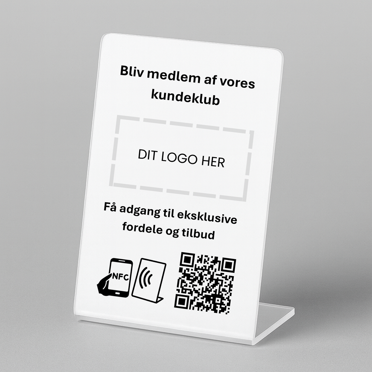 Tilmeld kundeklub bordstander med NFC og QR kode med dit eget logo