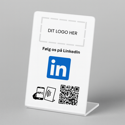 Bordstander til LinkedIn med NFC og QR kode – fås med eget logo for et professionelt og personligt udtryk.