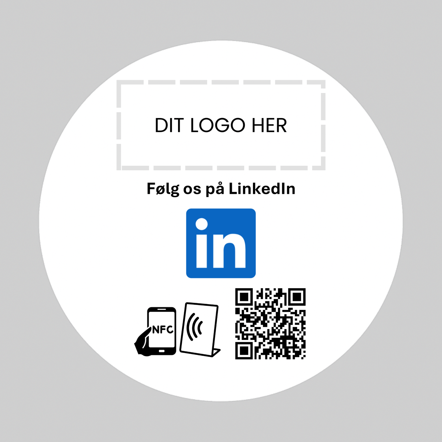 Rund selvklæbende Pad til LinkedIn med NFC og QR kode – fås med eget logo for et professionelt og personligt udtryk.