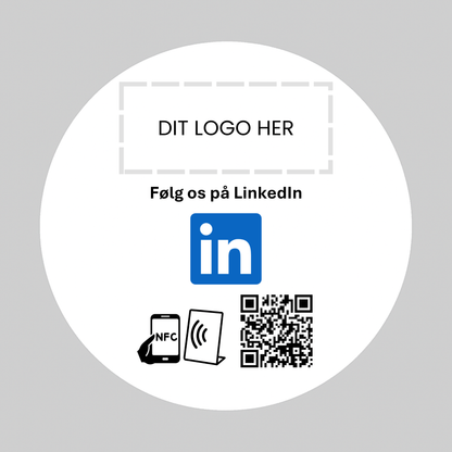 Rund selvklæbende Pad til LinkedIn med NFC og QR kode – fås med eget logo for et professionelt og personligt udtryk.