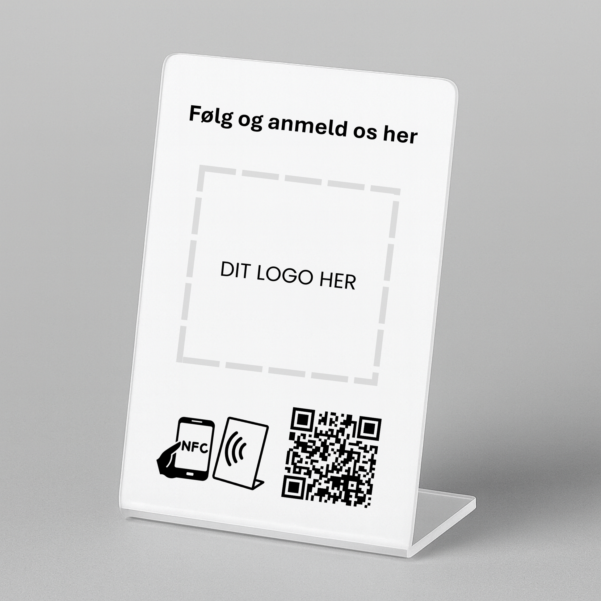 Bordstander til MultiLink med NFC og QR kode – fås med eget logo for et professionelt og personligt udtryk.