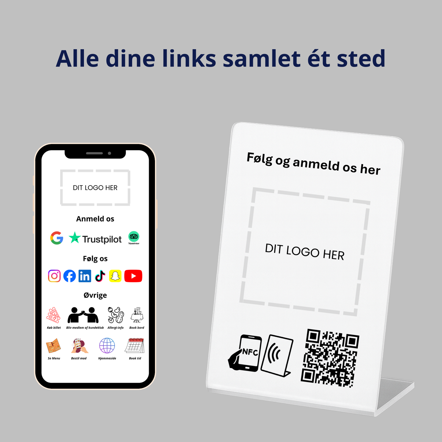 Bordstander med virksomheds logo til MultiLink med NFC og QR kode. En telefon der viser linksamlingssiden.