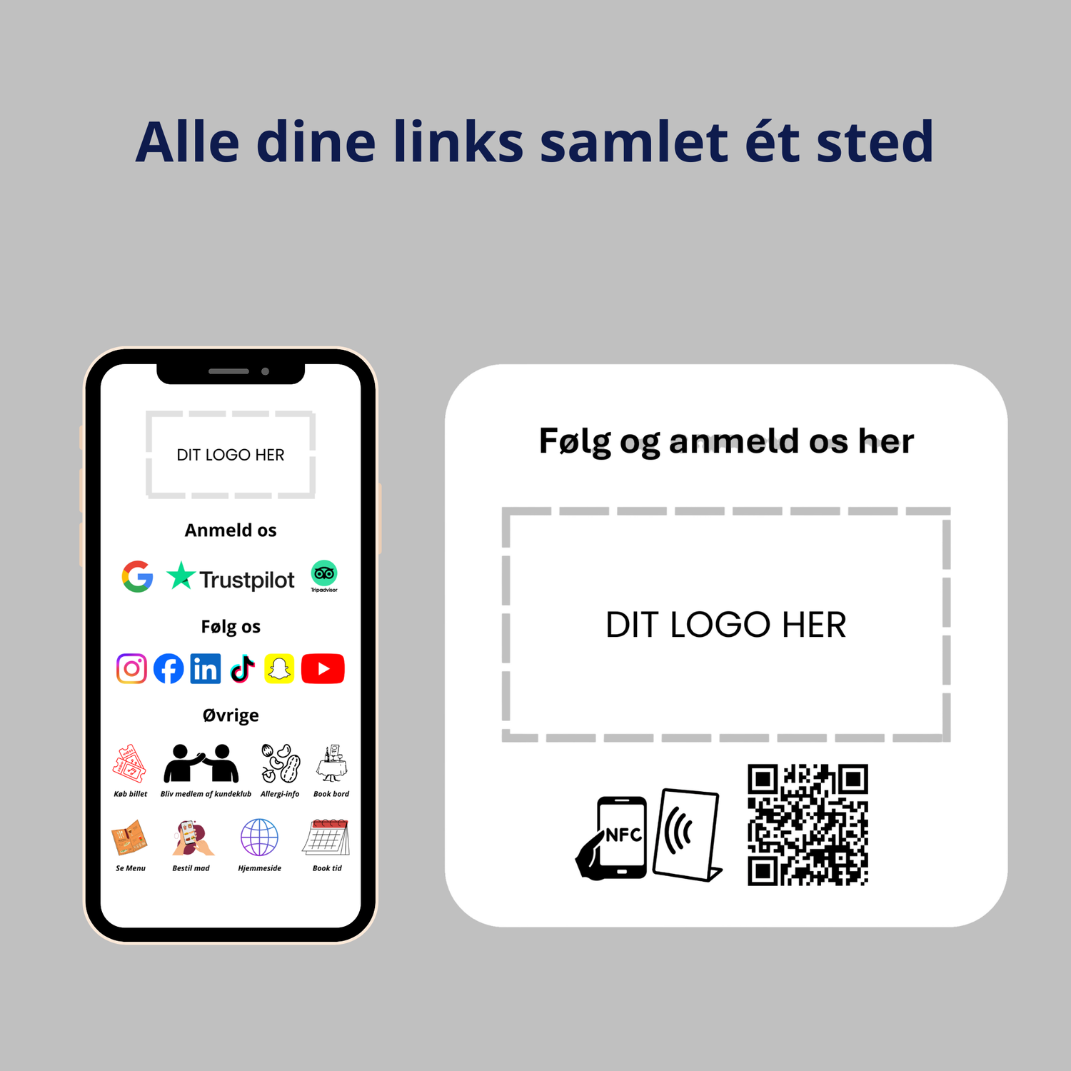Selvklæbende Pad med butikkens logo til MultiLink med NFC og QR kode. En telefon der viser siden med samling af links. 