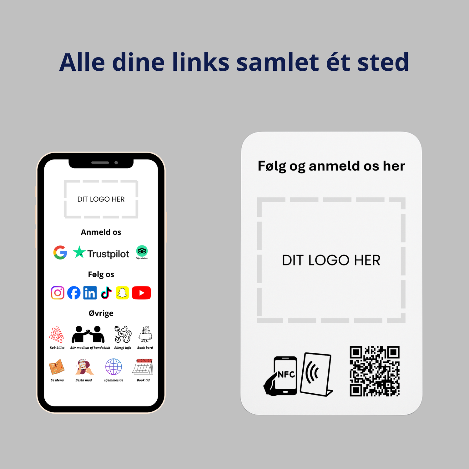 Kort med butikkens logo til MultiLink med NFC og QR kode. En telefon der viser en side med samling af butikkens links.