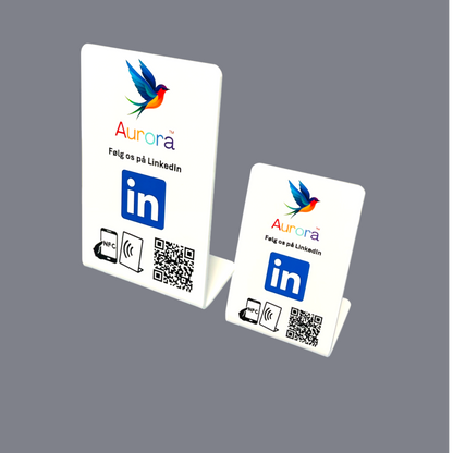 NFC bordstandere med eget logo NFC og QR kode til LinkedIn følgere