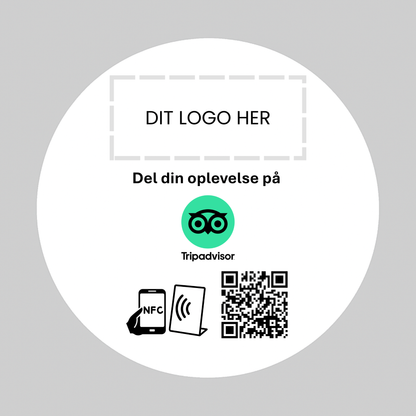 Rund selvklæbende Pad til Tripadvisor med NFC og QR kode – fås med eget logo for et professionelt og personligt udtryk.