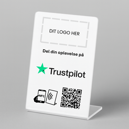 Bordstander til Trustpilot med NFC og QR kode – fås med eget logo for et professionelt og personligt udtryk.