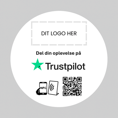 Rund Selvklæbende Pad til Trustpilot med NFC og QR kode – fås med eget logo for et professionelt og personligt udtryk.