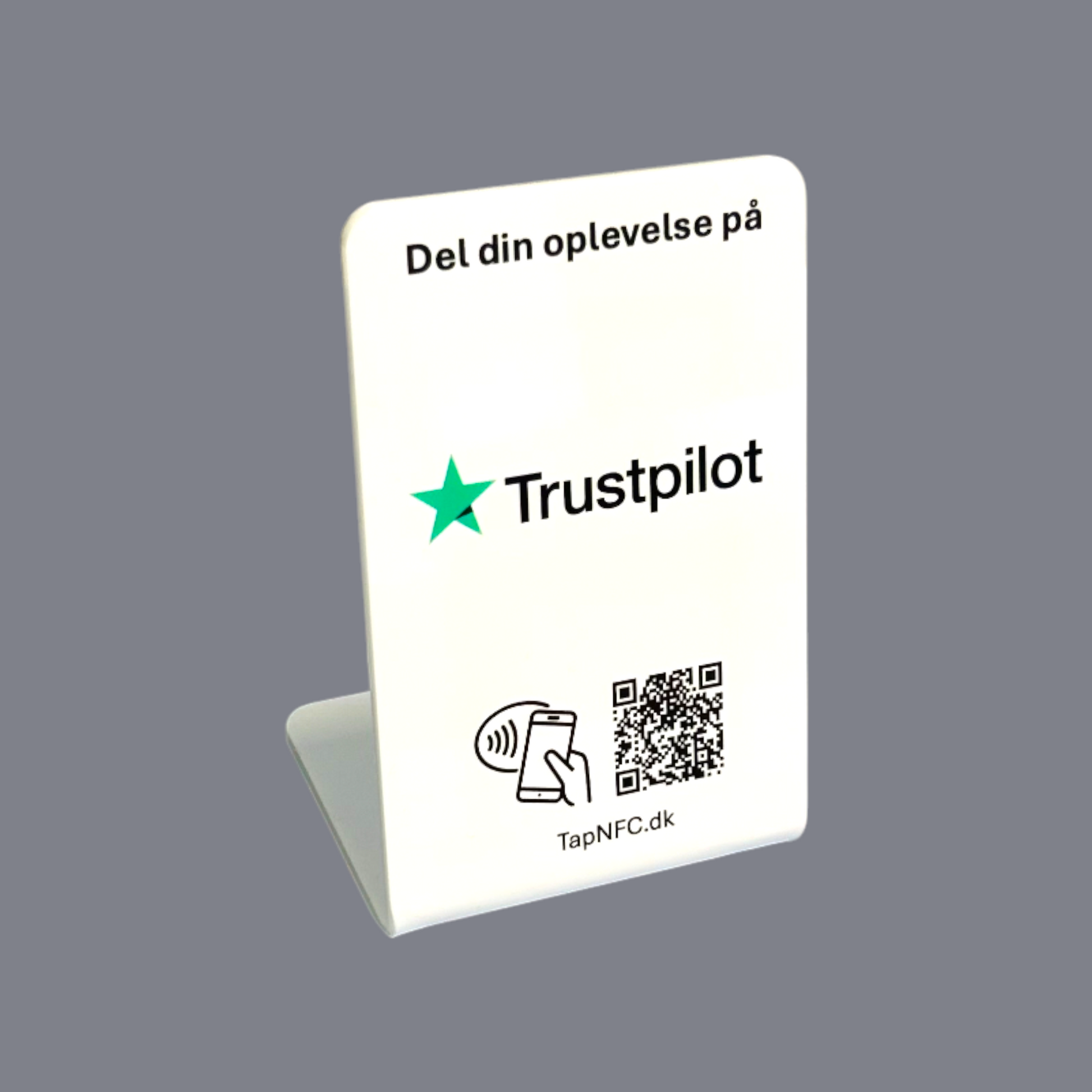 Bordstander til Trustpilot anmeldelser med NFC og QR kode