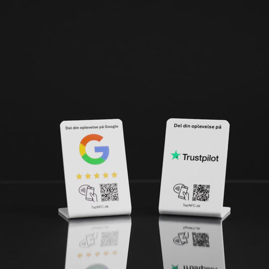 NFC og QR kode produkter til Googleanmeldelser. Bordstander, anmeldelsespad og selvklæbende kort