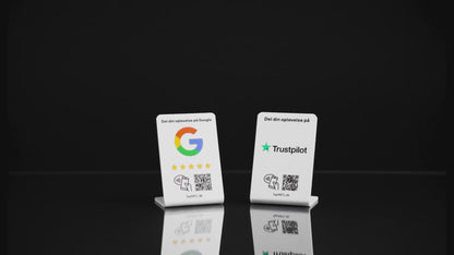 NFC og QR kode produkter til Googleanmeldelser. Bordstander, anmeldelsespad og selvklæbende kort